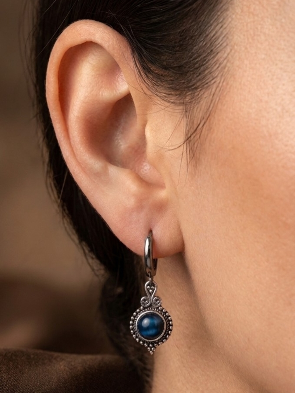 Sterling-Style Blue Stone Drop Hoop Earrings